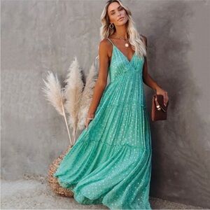 NWT VICI Fathoms Below Adjustable Metallic Tiered Maxi Dress